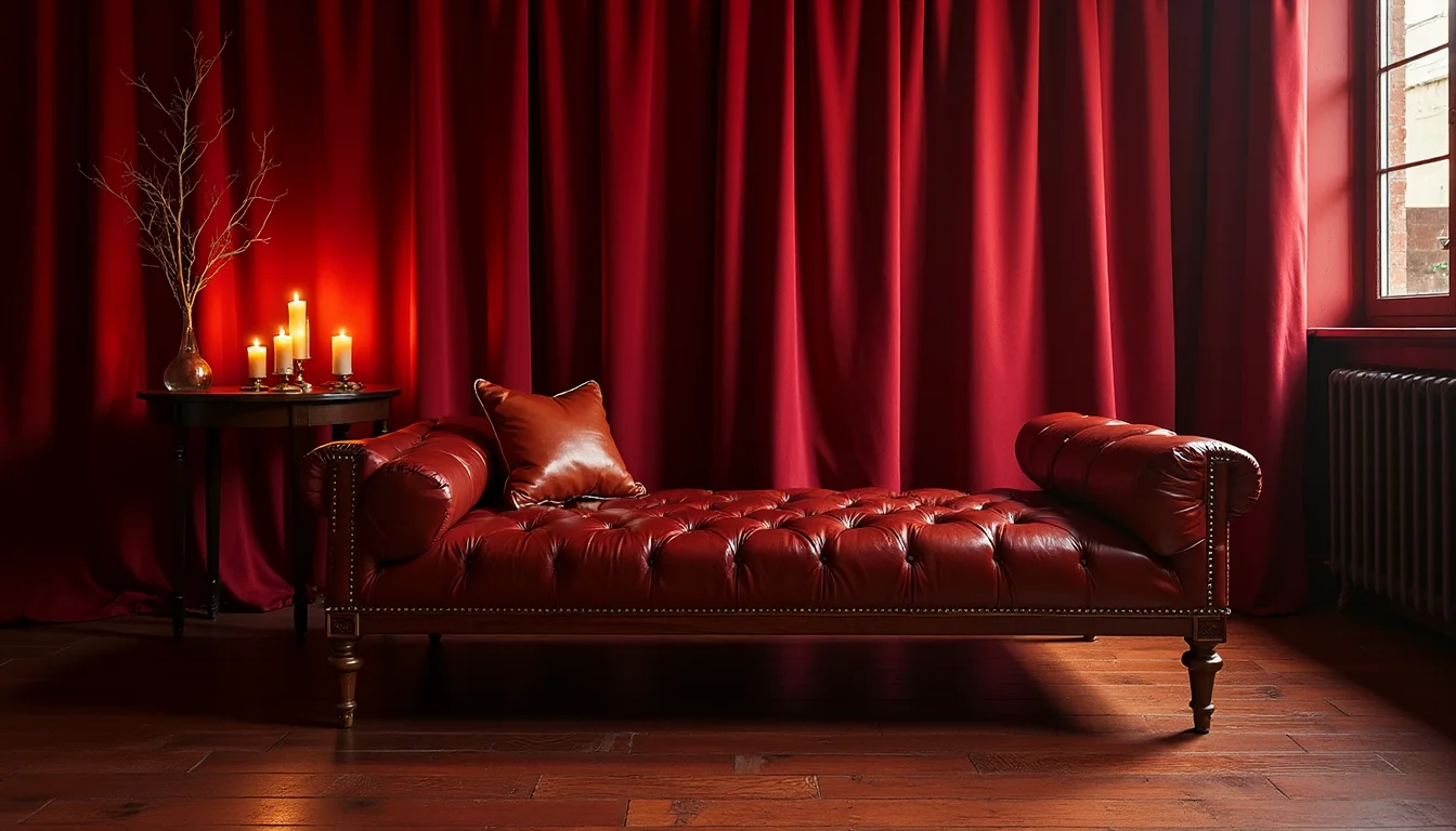banc de bondage en cuir oxblood clouté de laiton, lumière de bougie a Lyon